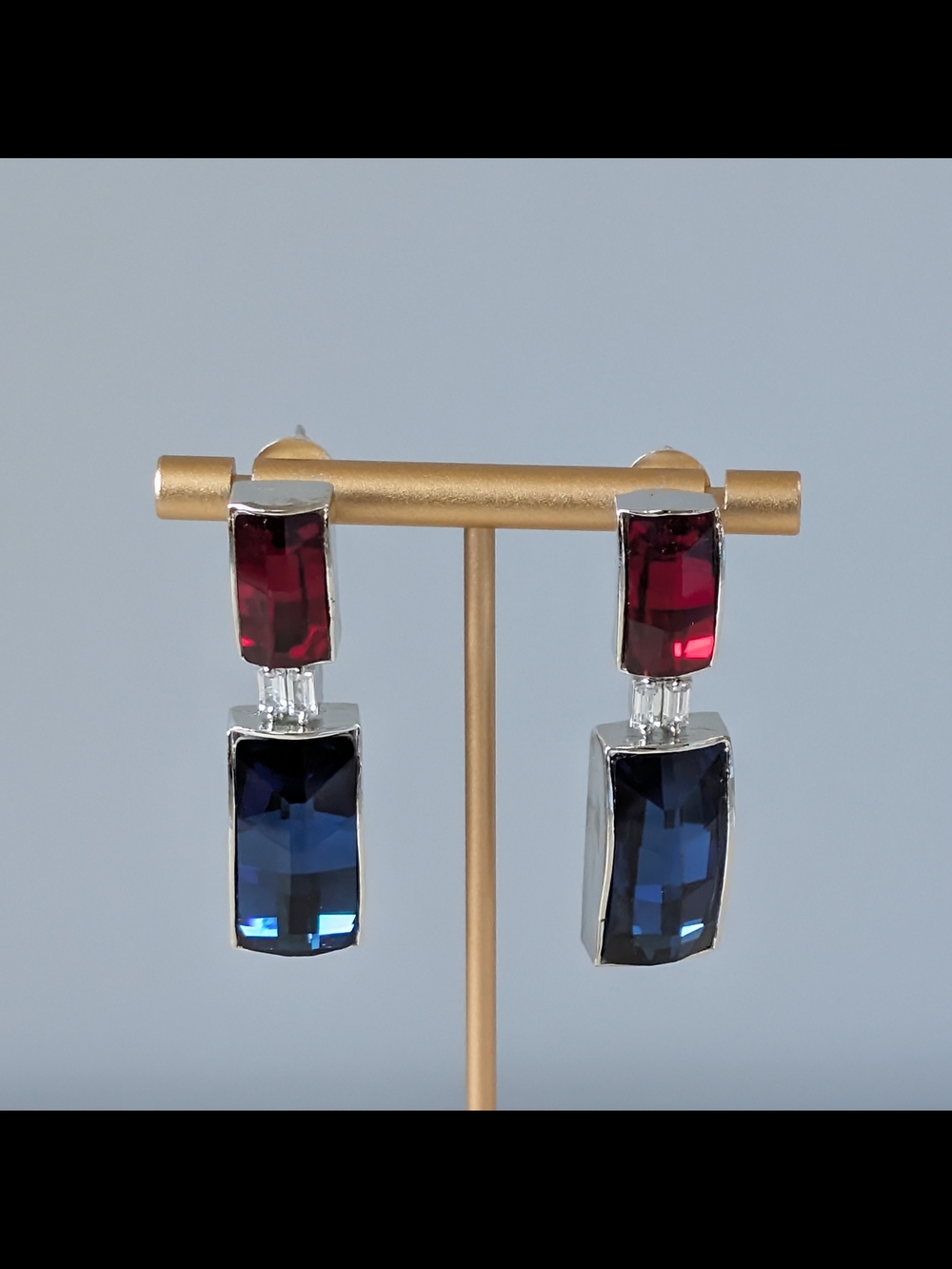 Silver Drop Earrings with Red and Blue